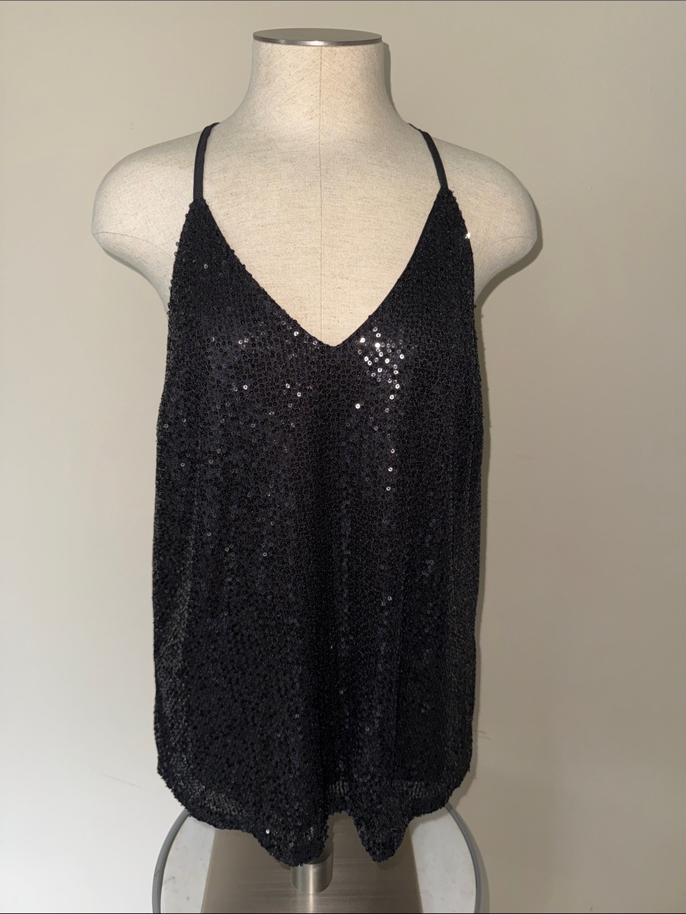Black Sequin Spaghetti Strap Tank Top
